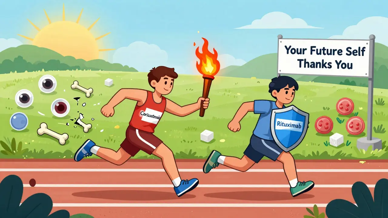 A relay race where corticosteroids pass the torch to a safer treatment, leading to a healthy future.