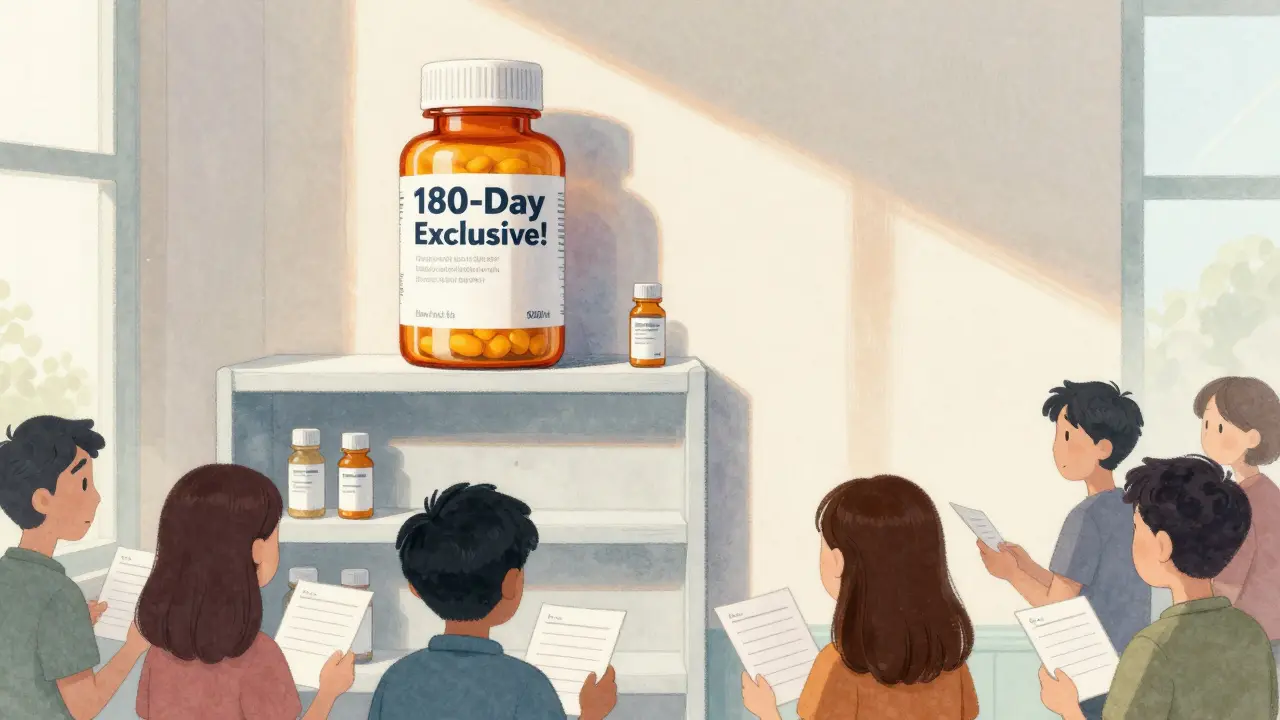 A single generic drug appears on a shelf, casting a shadow over anxious patients waiting for affordable medicine.