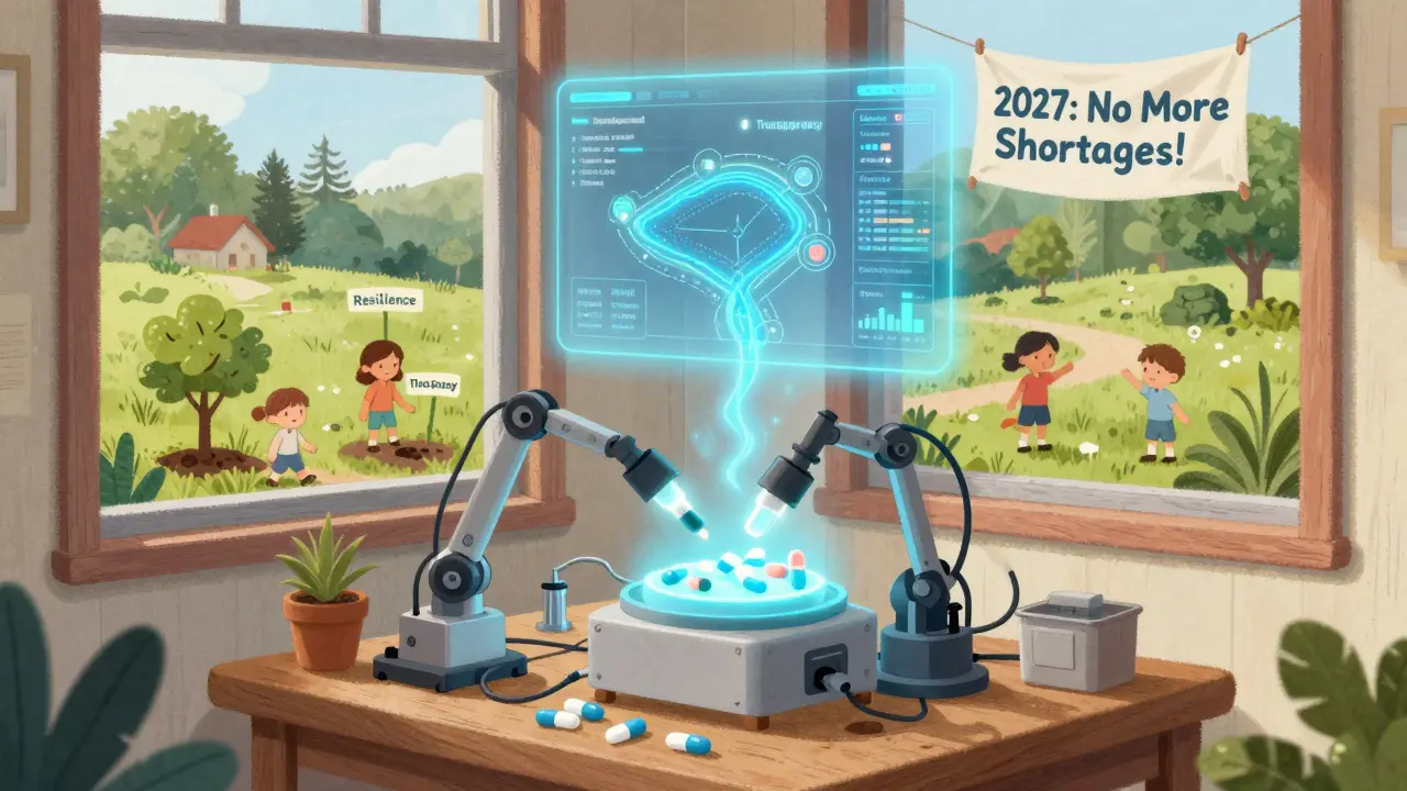 A small U.S. microfactory glows with digital supply chain data, surrounded by children planting trees of resilience.