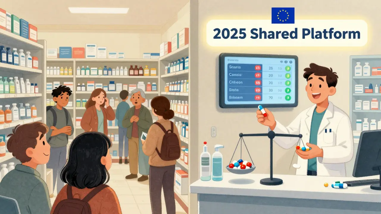 A split scene: empty shelves in Greece vs. a modern Dutch pharmacy with dynamic pricing displayed on a screen.
