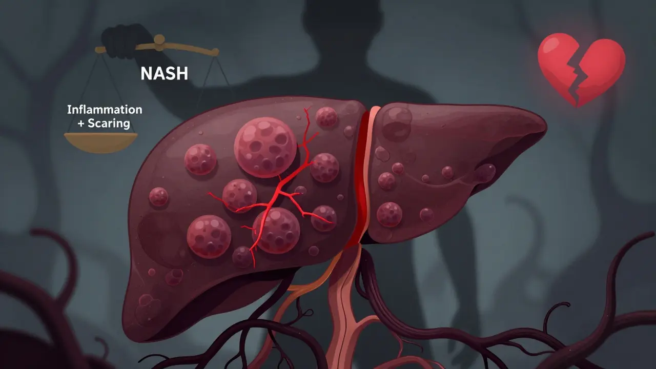 A stressed liver with inflamed cells and fibrosis vines, shown in storybook style.