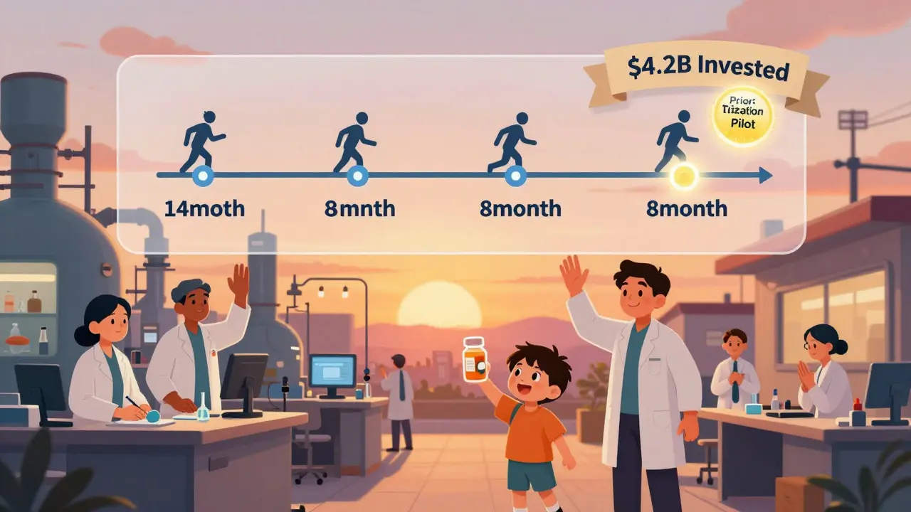 A U.S. drug factory at sunset with workers and a child, timeline showing faster FDA approval.