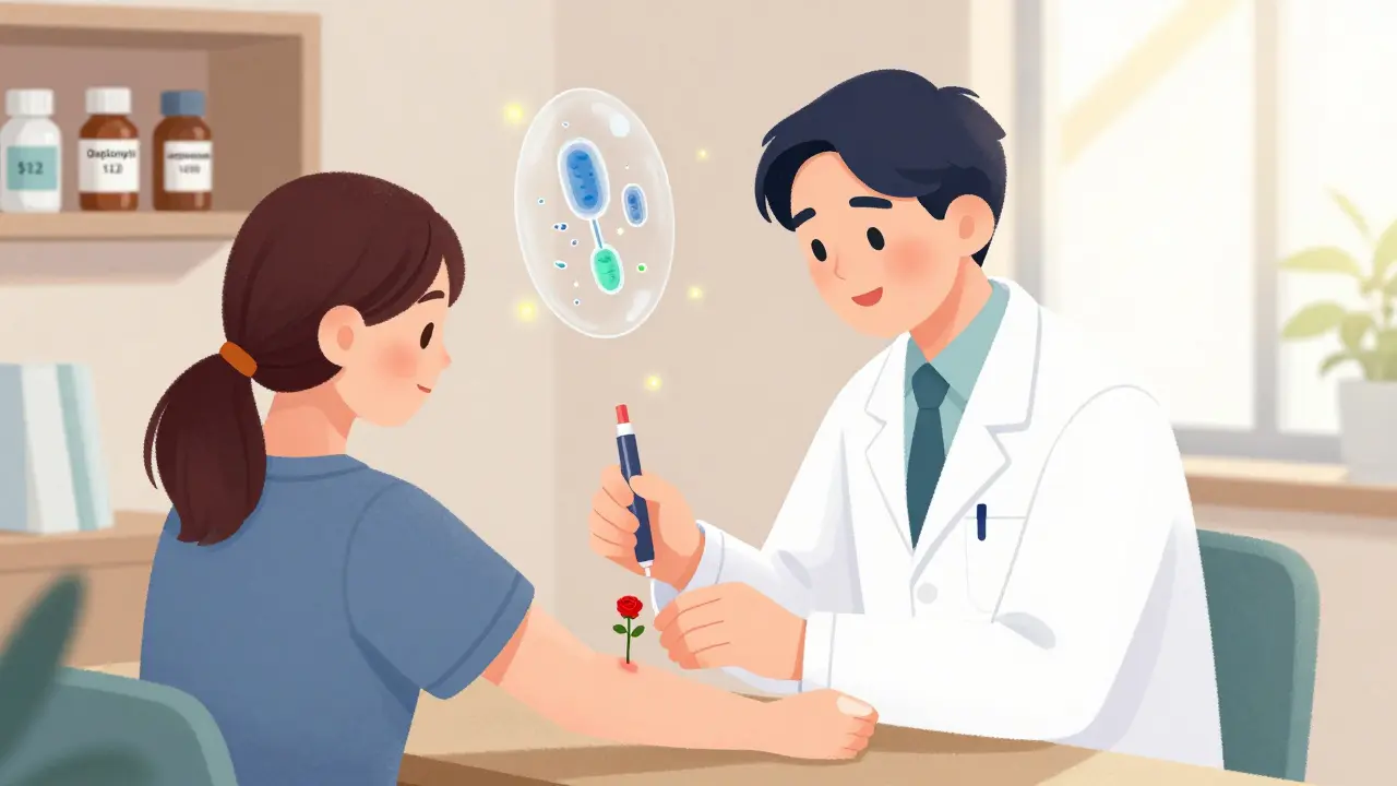 An allergist performs a skin test on a patient’s arm with a tiny red bump forming, surrounded by antibiotic bottles.