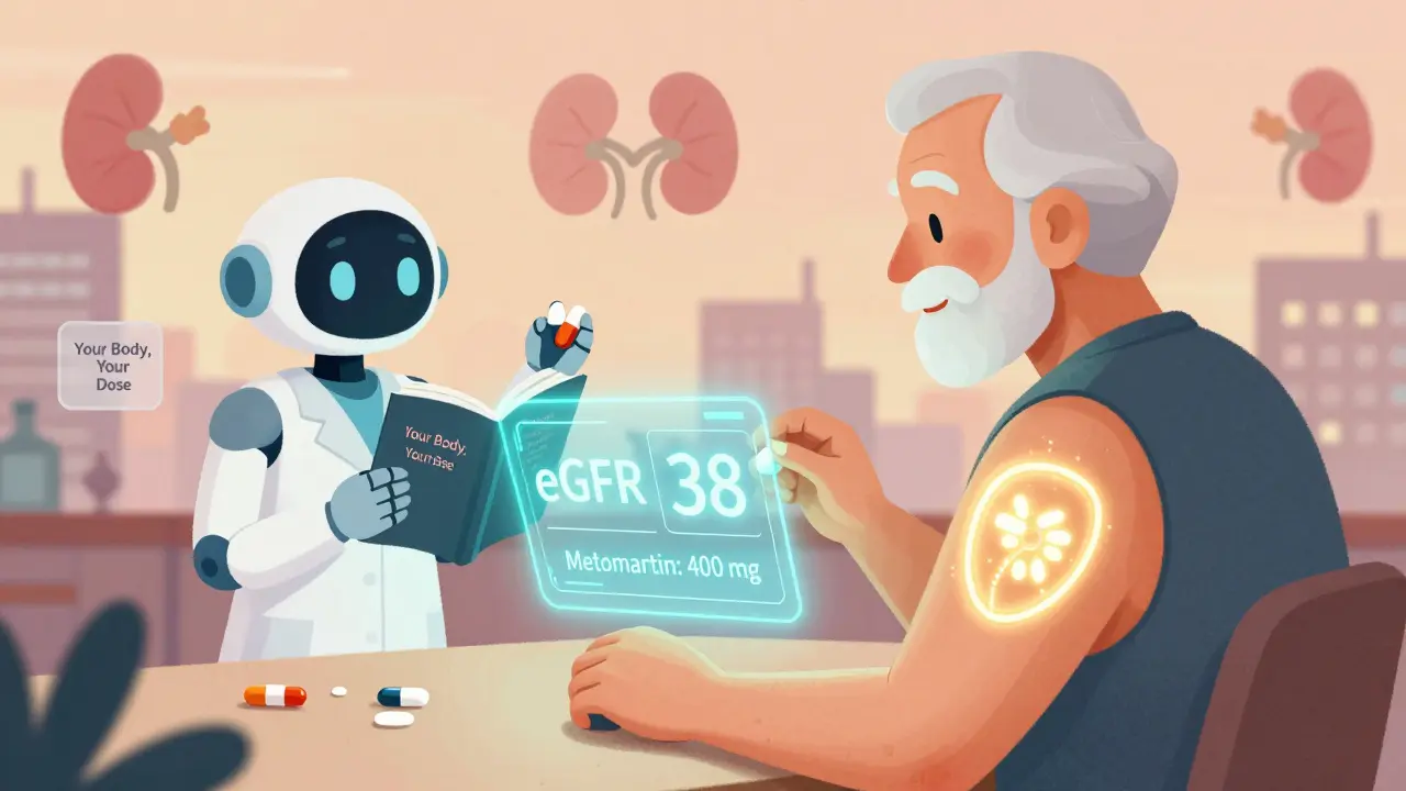 An elderly person with a glowing patch showing kidney function and adjusted medication dose, assisted by a pharmacist and AI.