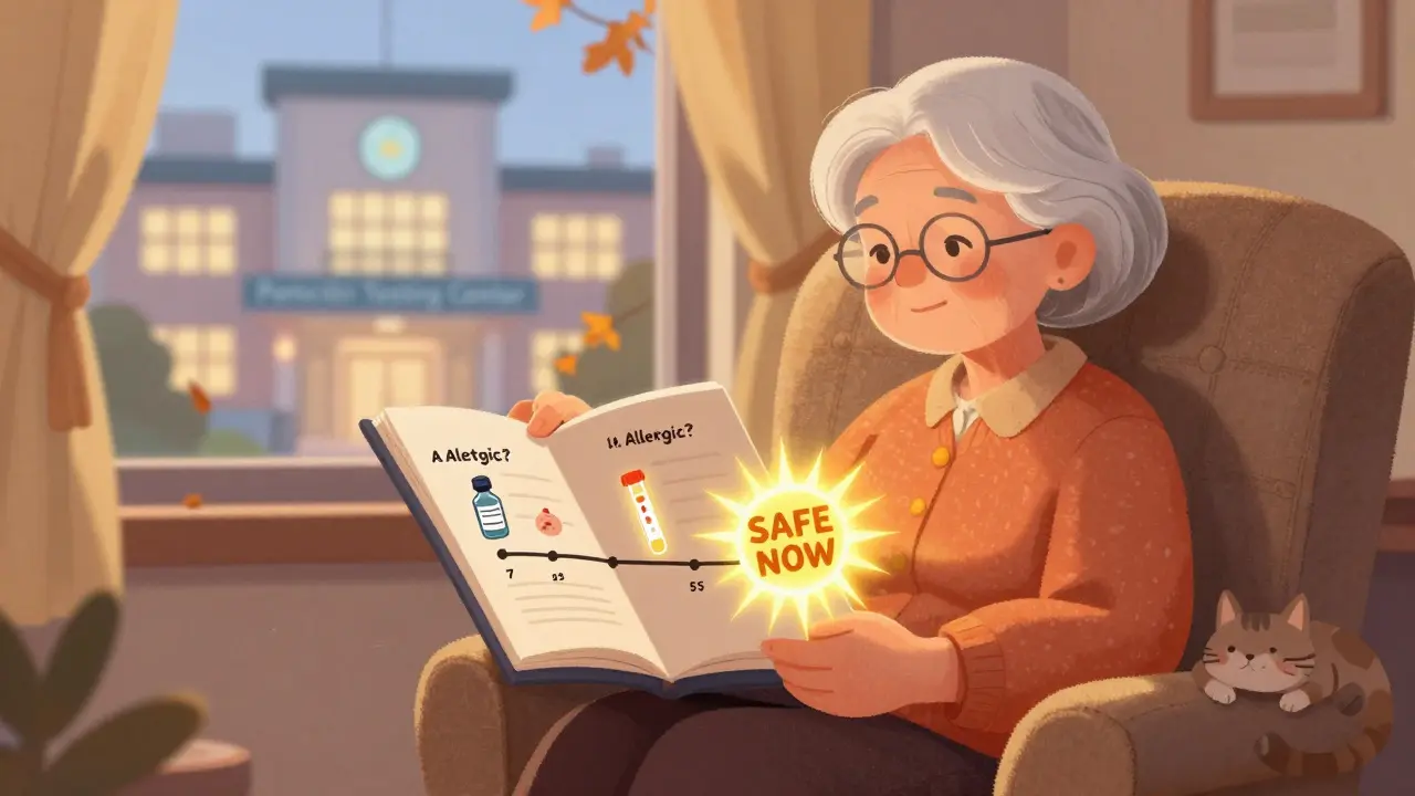 An elderly woman discovers her childhood penicillin allergy label is gone, replaced by a safe clearance stamp.