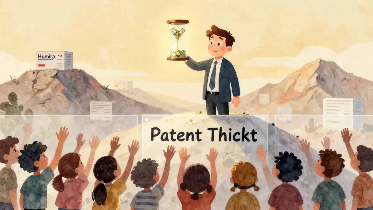 An executive atop a mountain of patents, blocking patients reaching for medicine, in soft watercolor style.