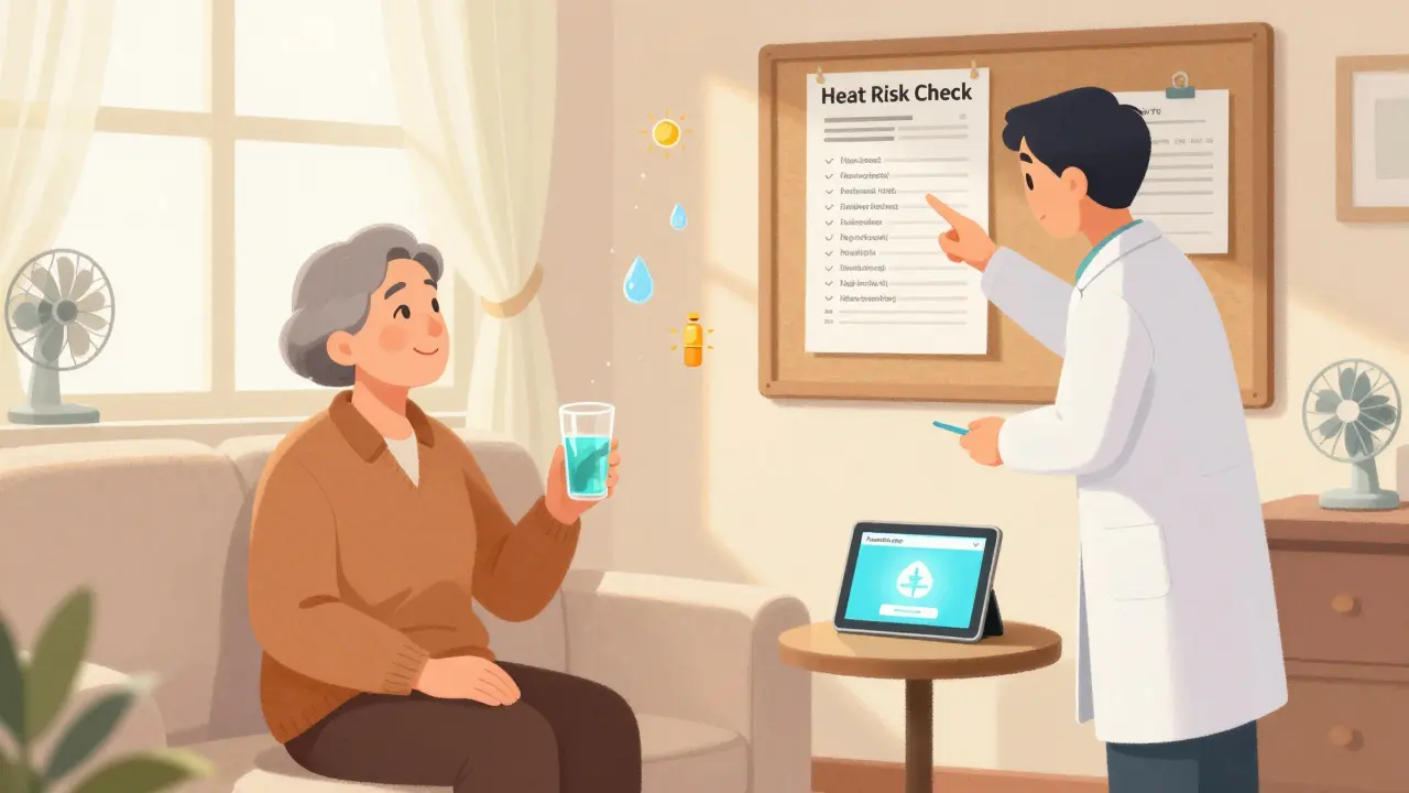 An older adult with a pharmacist reviewing medications and a heat risk checklist in a calm, cool home.