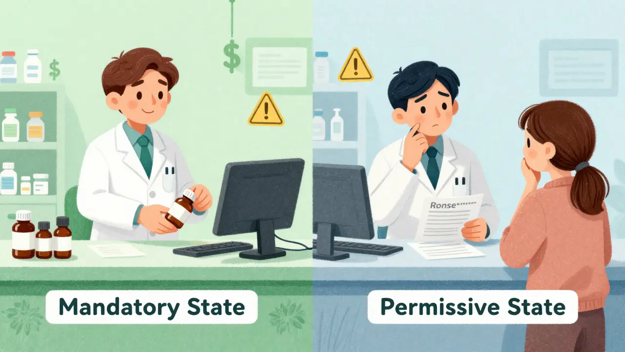 Contrasting pharmacy scenes: automatic generic swap vs. patient asked for consent