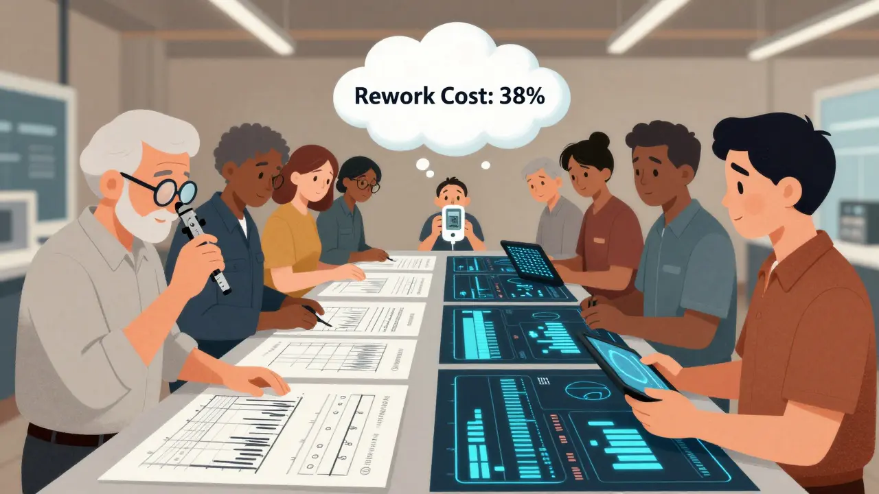 Diverse factory workers divided by old and new quality tools, with conflicting data on a table.