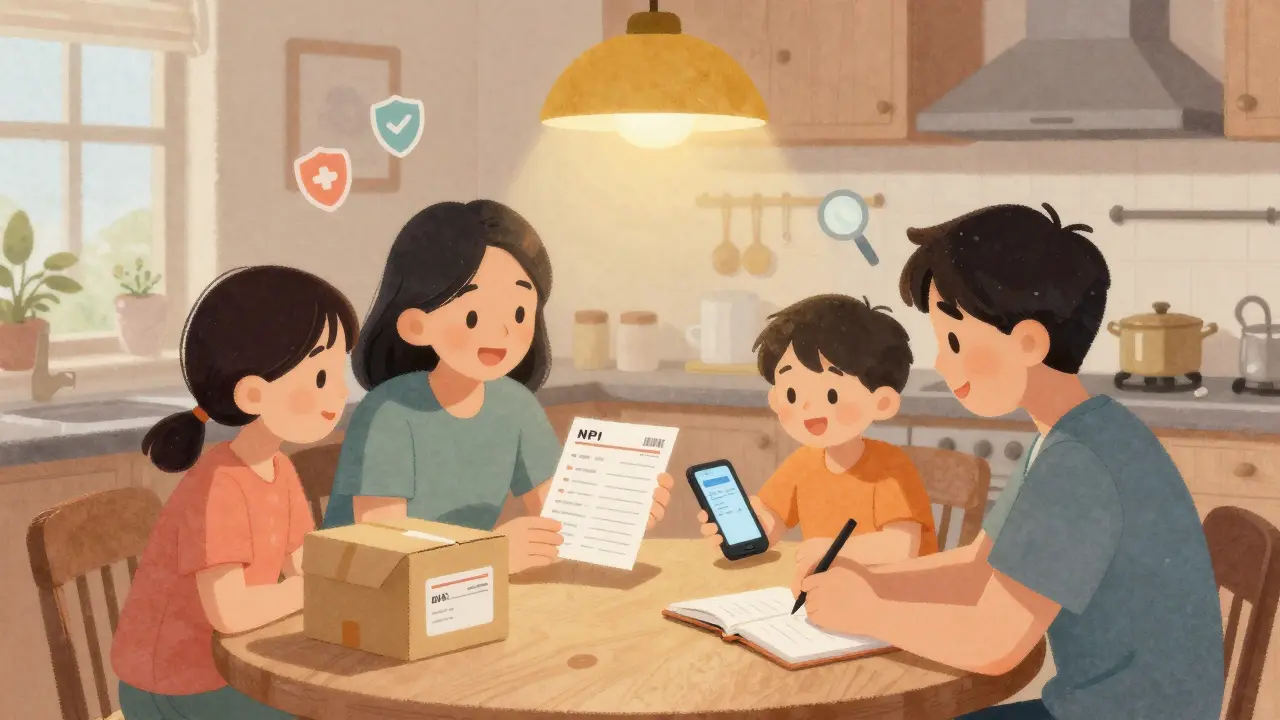 Family reviewing a prescription label at home, one uses a phone to verify provider info, another writes in a notebook.