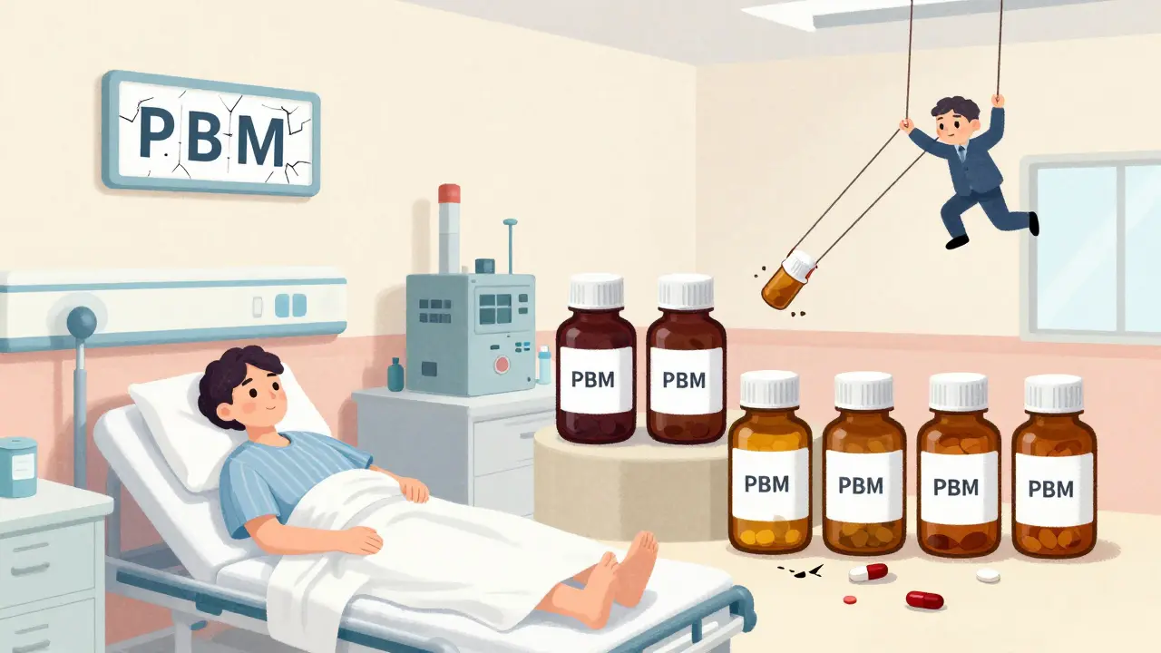 Hospital ward with one active pill factory, price cap broken, PBM pulling strings