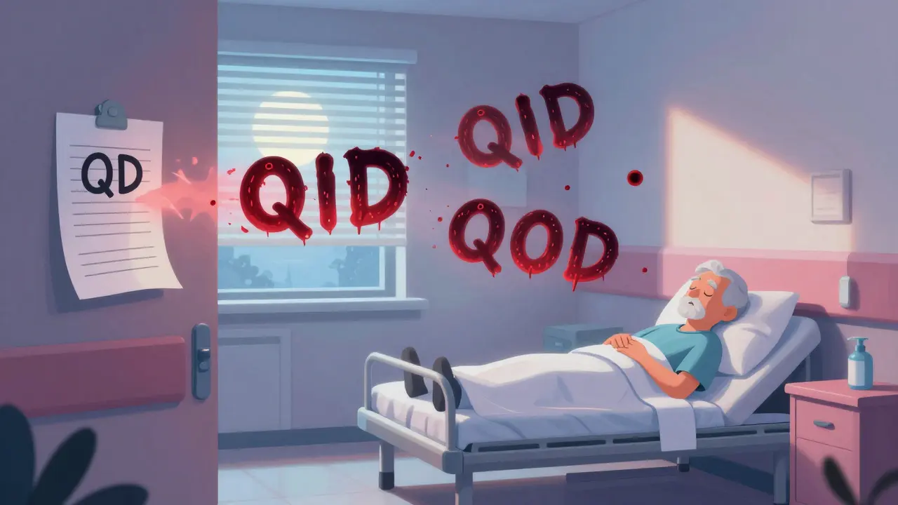 Nighttime hospital hallway with floating dangerous abbreviations drifting toward a sleeping patient.