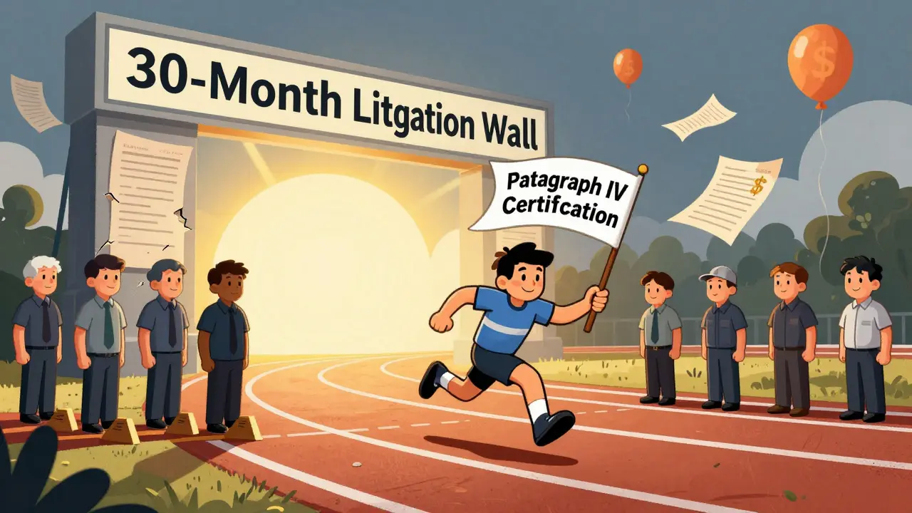 One generic drug runner leads a race while others are trapped at the start by a giant litigation wall.