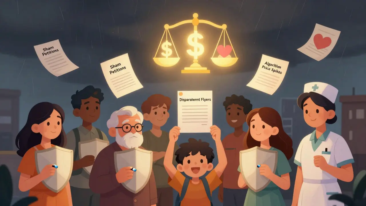 People holding generic pills as shields against legal documents and price spikes, with a heart balancing a dollar sign.