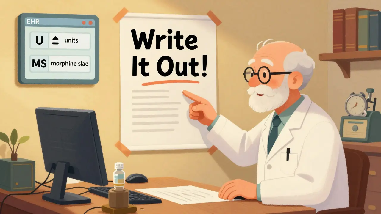 Pharmacist correcting doctor, EHR screen showing 'U' changed to 'units', warm and supportive scene.