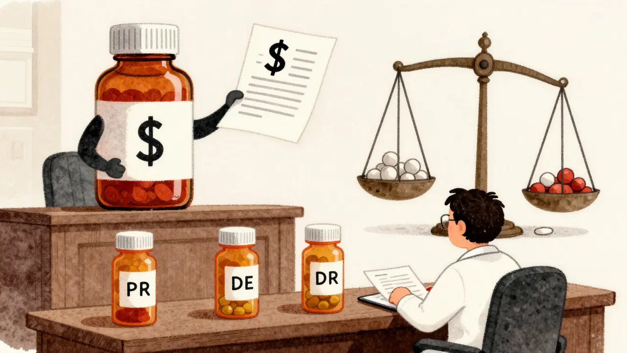 Pill bottles in a courtroom, brand towering over generics as rebates tip the scale