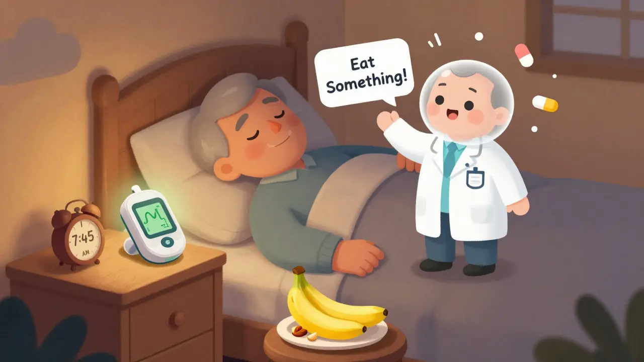 Senior sleeping beside a glowing glucose monitor, with cartoon doctor urging him to eat snacks.