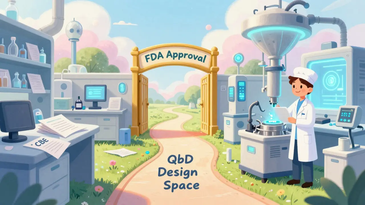 Split scene: messy lab vs. high-tech facility connected by a path labeled 'QbD Design Space'.