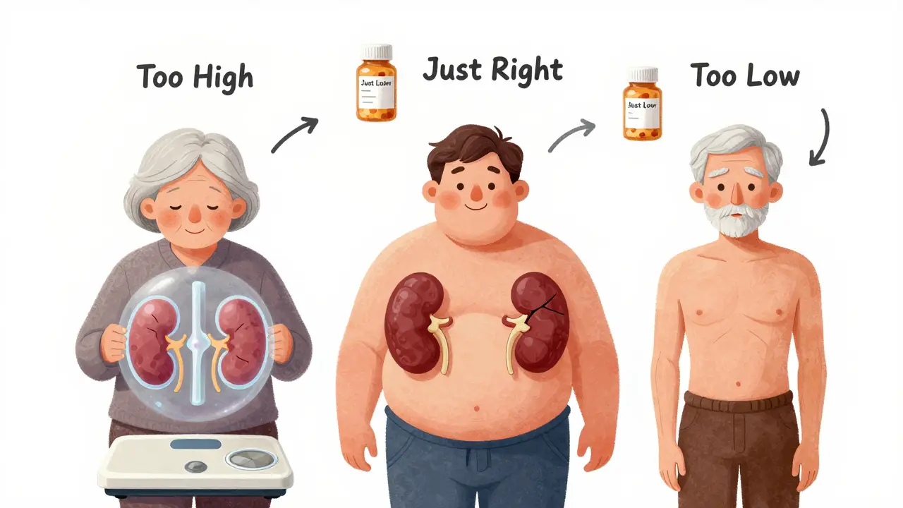 Three people of different ages and weights with kidney function gauges showing correct and incorrect drug doses.