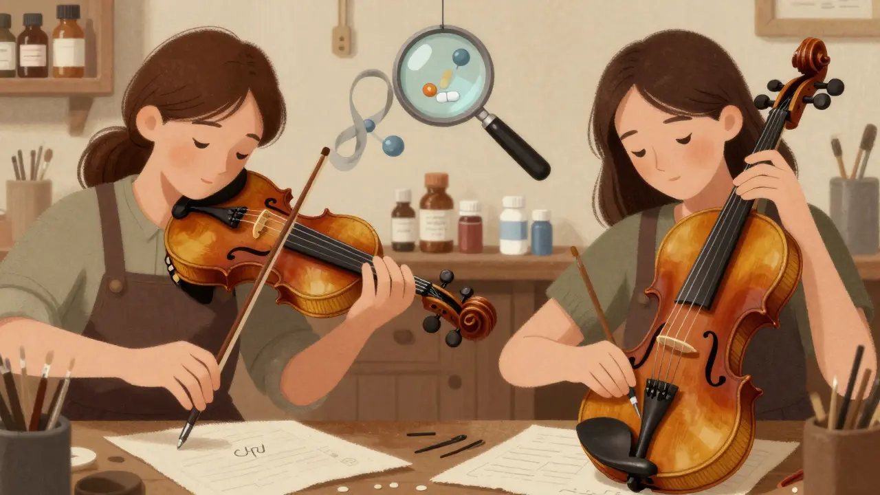 Two artisans making nearly identical violins, with subtle differences in wood grain and neck curve.
