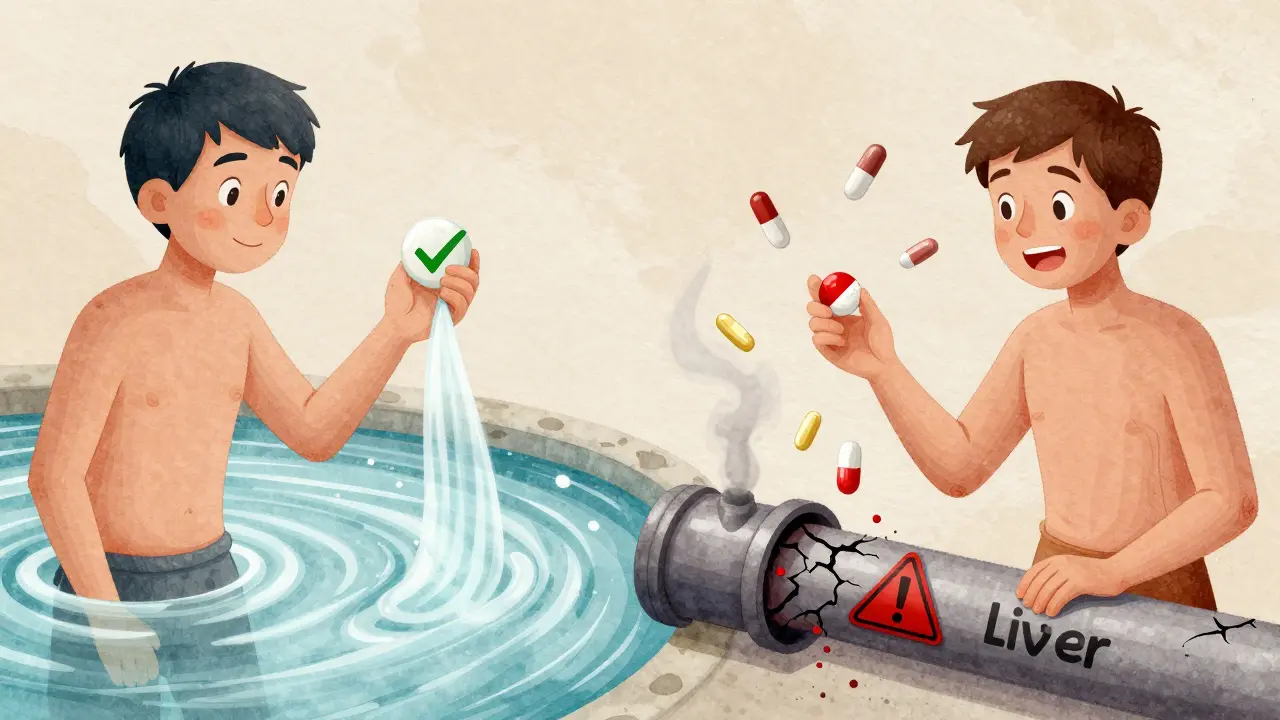 Two patients: one with smooth drug metabolism, another with blocked liver pipes and warning symbols.