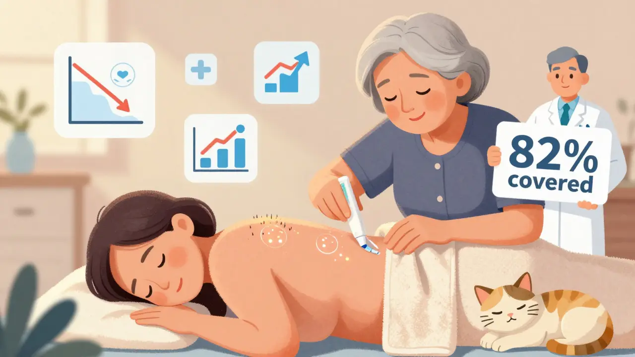 Woman warming back before applying topical gel, with microneedle patches and medical icons floating nearby.
