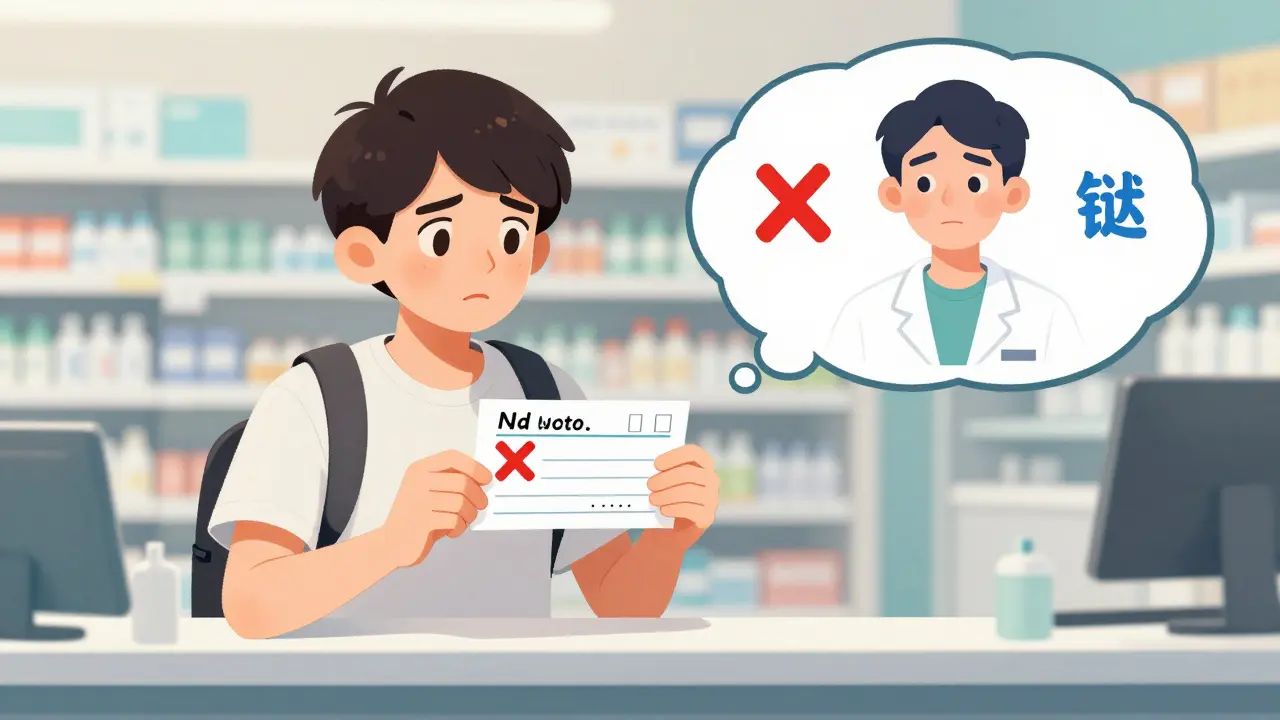 Young man holding a prescription with a red X over a wrong doctor's name, thought bubble shows the mismatch.