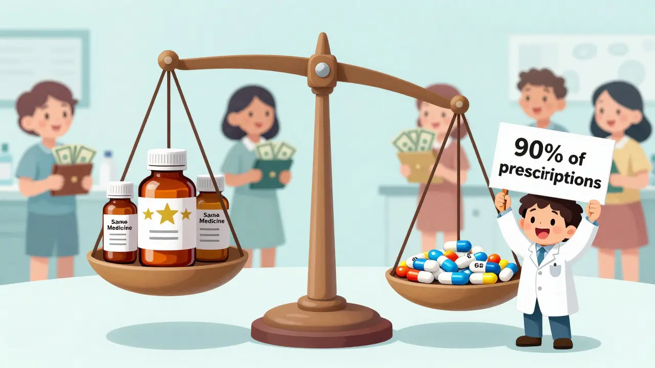 A balance scale comparing expensive brand-name drugs to affordable generic pills, with patients smiling in the background.