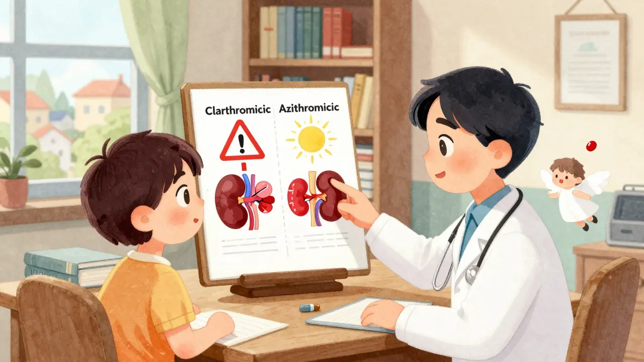 A doctor shows a patient two paths—one dangerous, one safe—illustrating clarithromycin vs. azithromycin with symbolic health imagery.