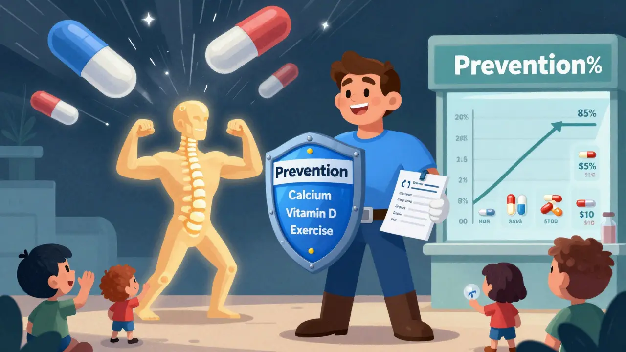 A hero defends a healing spine with prevention tools, while steroid pills storm nearby and bone density rises on a timeline.