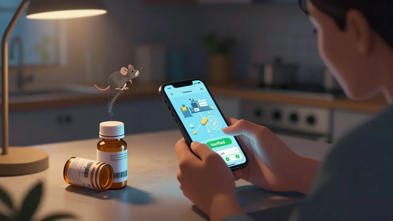 A person scanning a medicine bottle’s barcode on a phone, with a digital visualization showing its journey from factory to pharmacy.