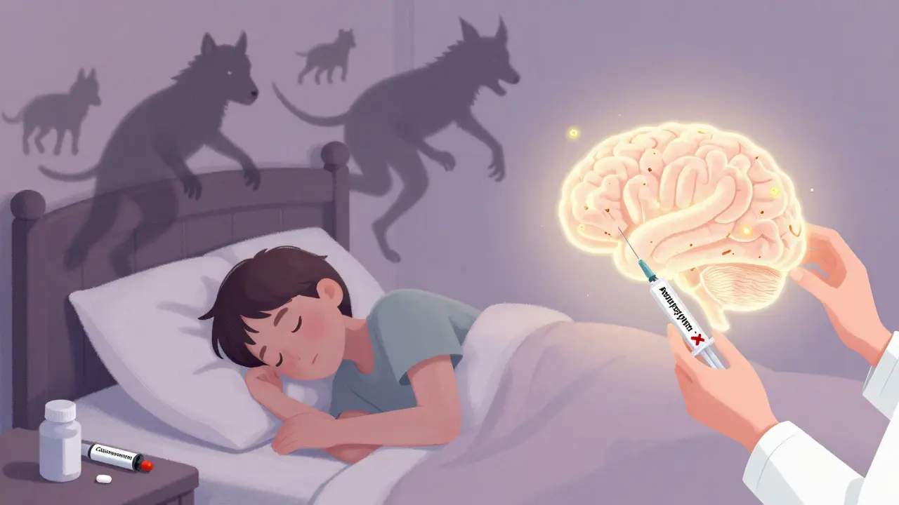 A person sleeping with dream figures above them and Lewy bodies glowing in the brain, avoiding antipsychotic medication.