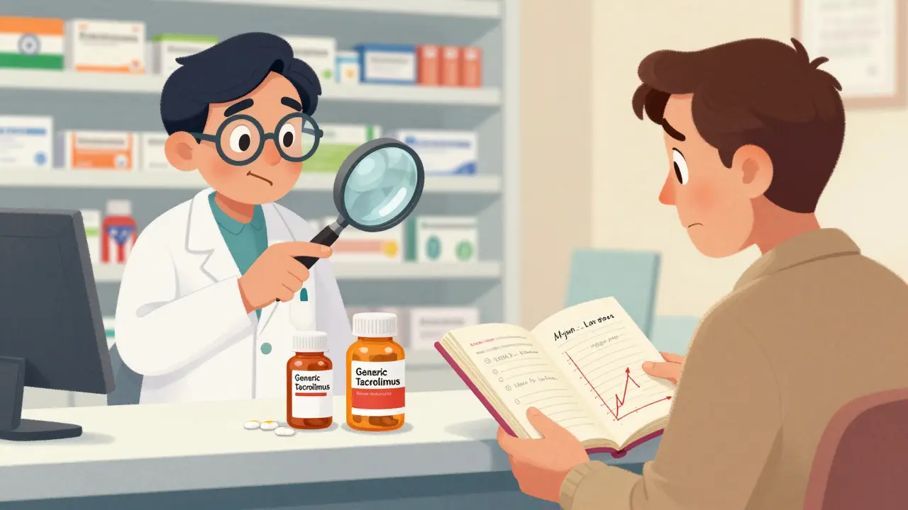 A pharmacist and patient examining two generic drug bottles with different lot numbers using a magnifying glass and journal.