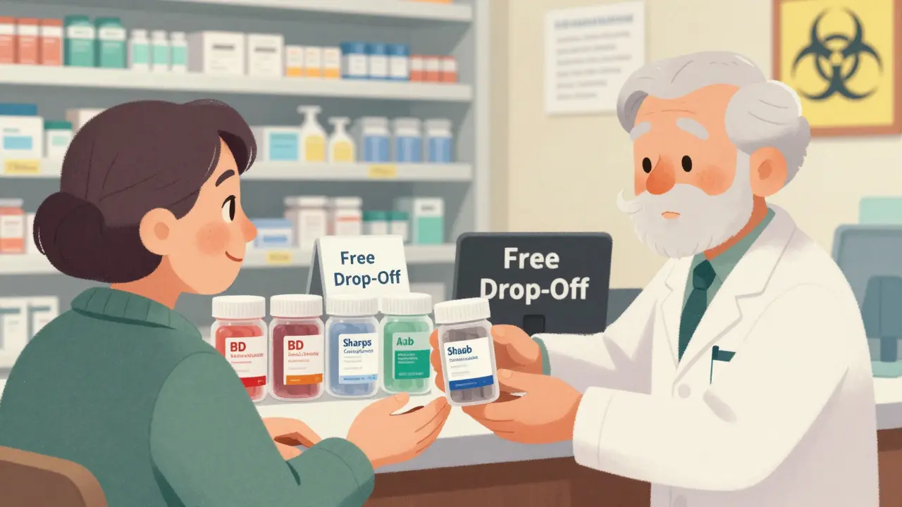 A pharmacist handing a sealed sharps container to a patient at a pharmacy with labeled disposal bins in the background.