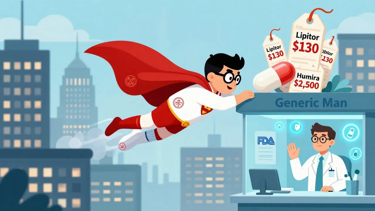 A superhero pill called 'Generic Man' saving patients from high drug prices, with biosimilars and pharmacies in the city below.