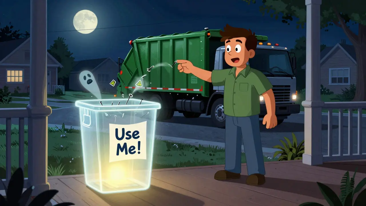 A trash worker reaching into a dangerous trash bin filled with needles, while a safe sharps container glows on a porch at night.