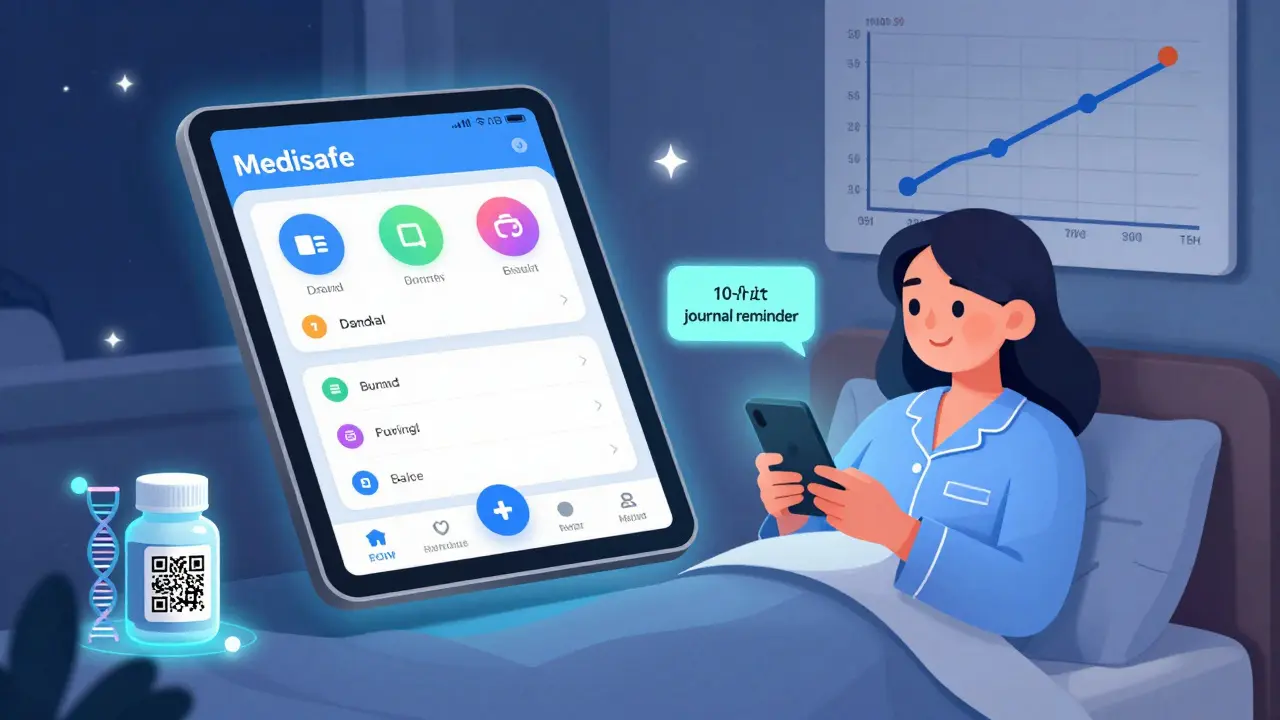 A woman smiling at her phone with a medication app notification, while a QR-coded pill bottle glows with comparative data.