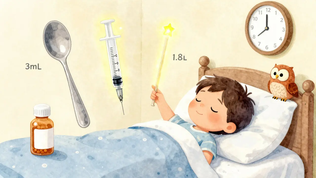 Child in bed surrounded by floating dosing tools — a misshapen spoon vs. glowing syringe marked with exact milliliter doses.