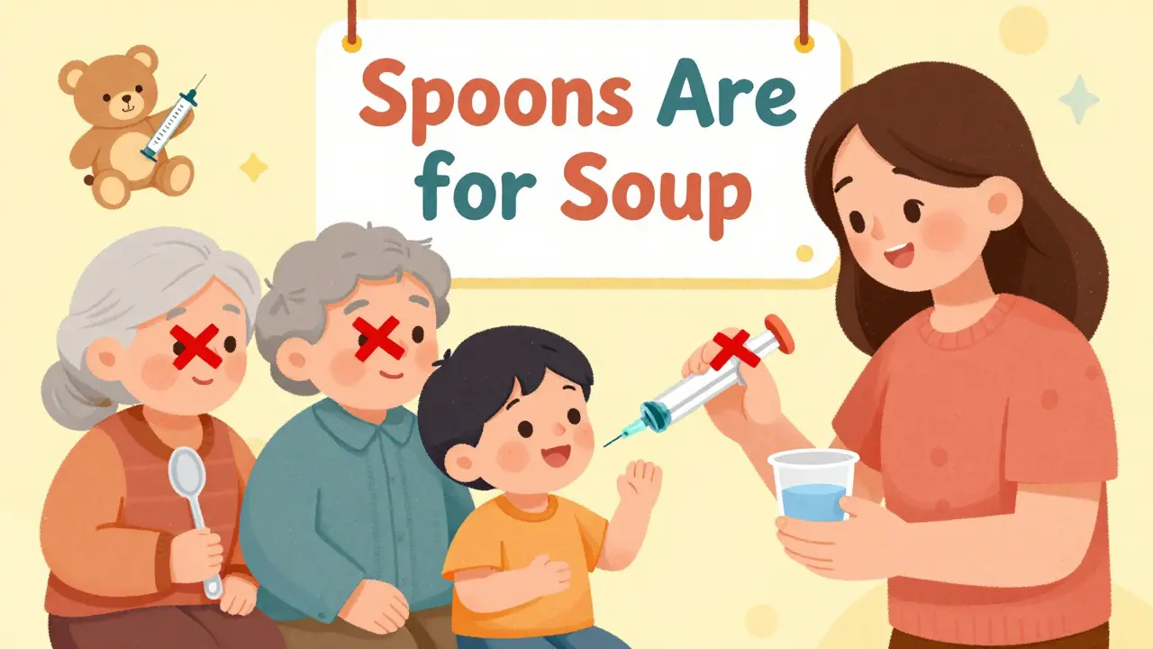 Family members hold different dosing tools; only the one using a syringe safely gives medicine to a child.