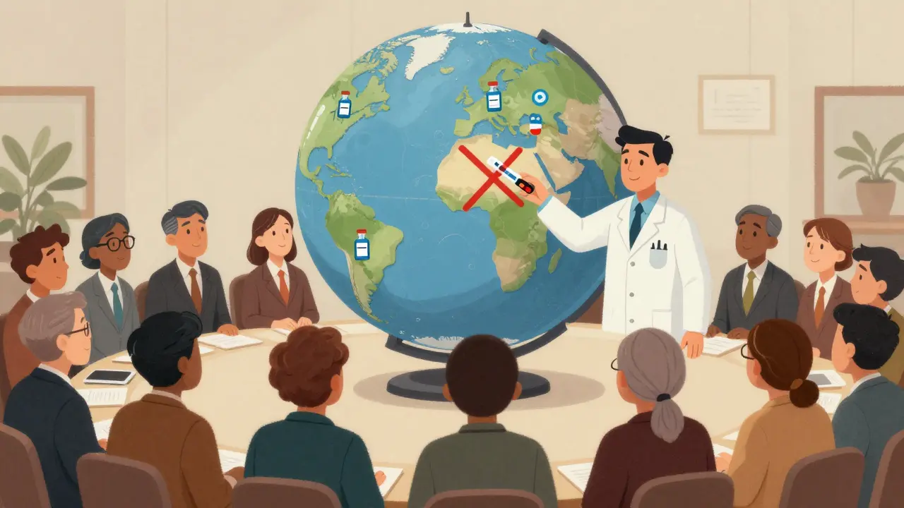 Global delegates discussing vaccine access waiver at WTO meeting.