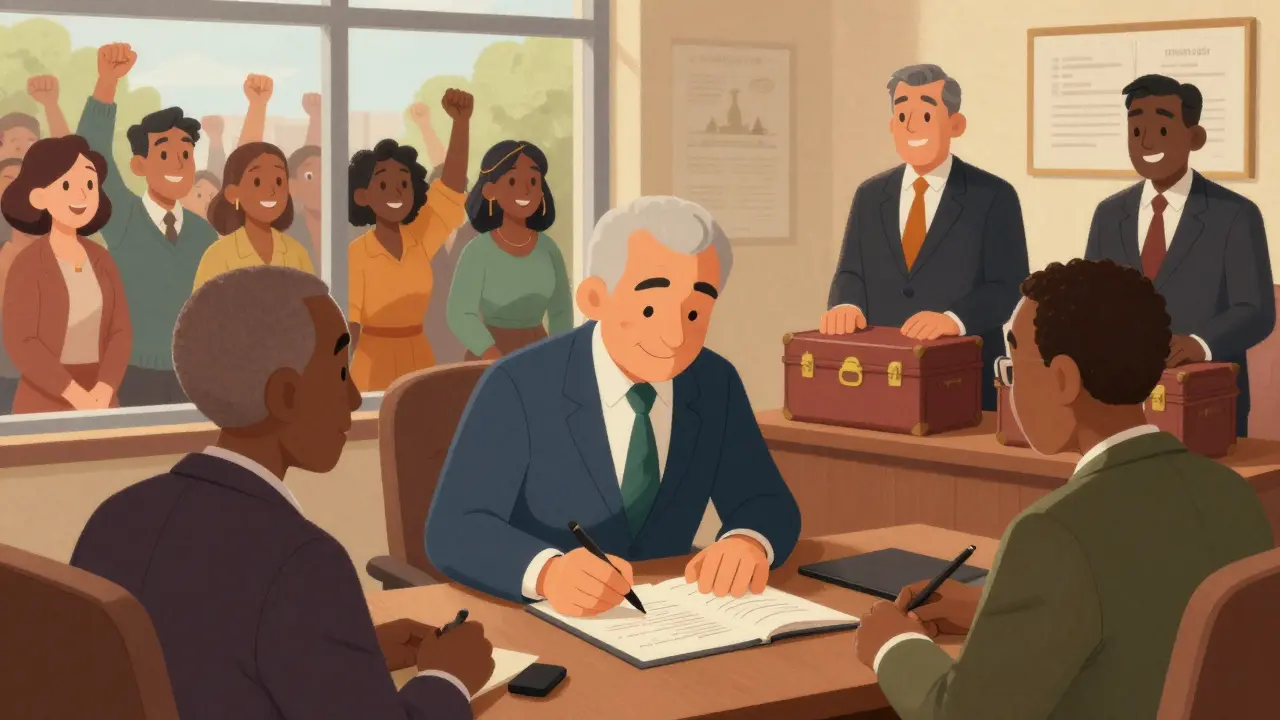 South African officials signing generic drug law as protesters celebrate outside.