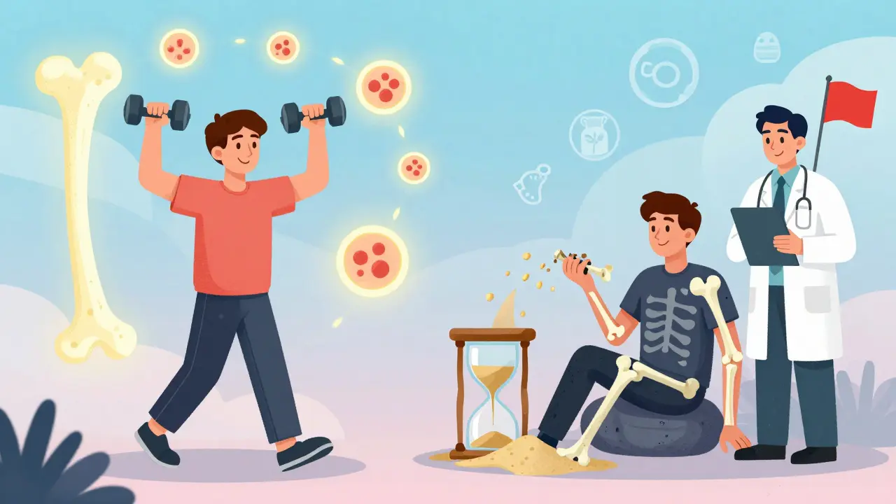 Split scene: one side shows active bone growth with exercise, the other shows bone decay from inactivity and steroid damage.