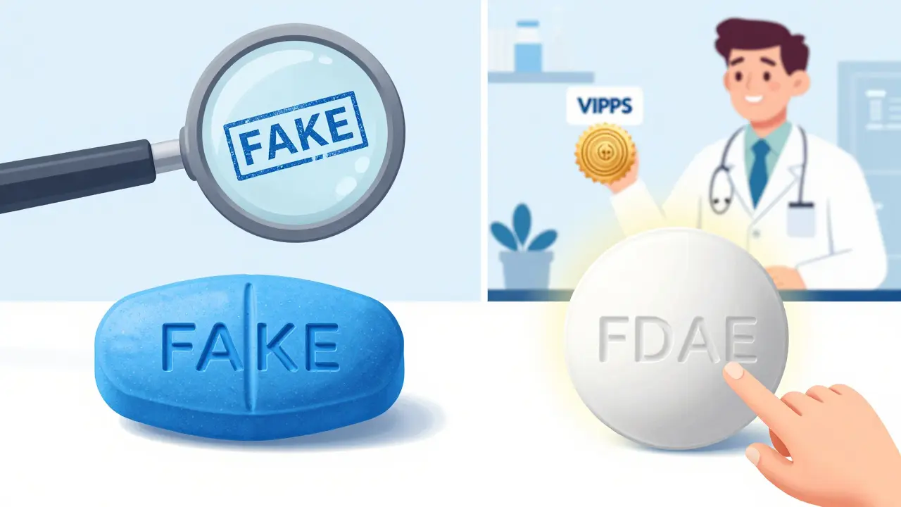 Two pills side by side: one with a perfect FDA stamp, the other with a fake imprint, shown under a glowing magnifying glass.