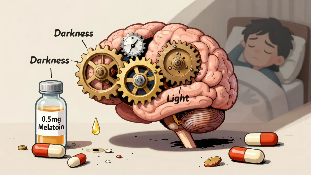A brain's internal clock with gears labeled 'Darkness' and 'Light', a tiny 0.5mg melatonin vial guiding sleep, while oversized pills lie broken nearby.