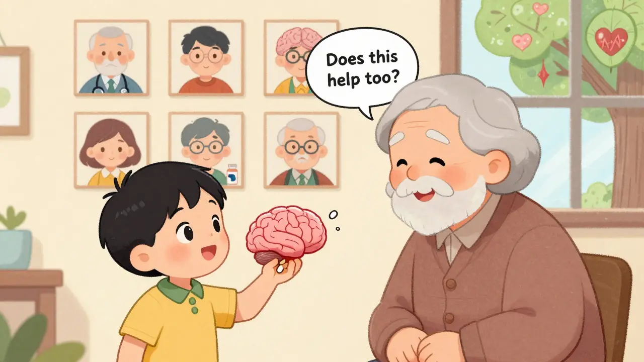 A child asks about a toy brain with a pill, while family photos show ancestors with medical icons, symbolizing generational acceptance.