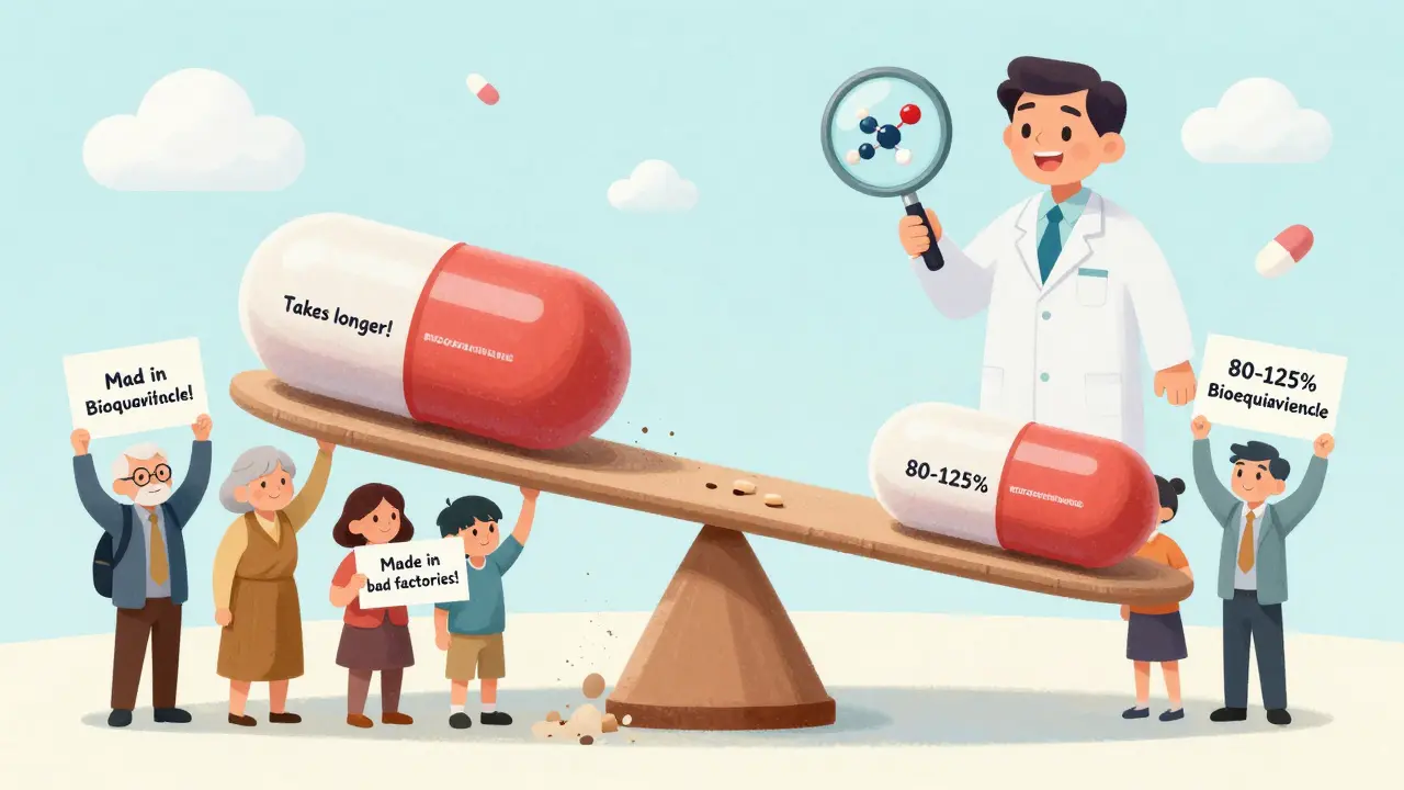 A giant pill scale balances brand and generic drugs, with misconceptions crumbling as FDA inspector reveals identical molecules inside.