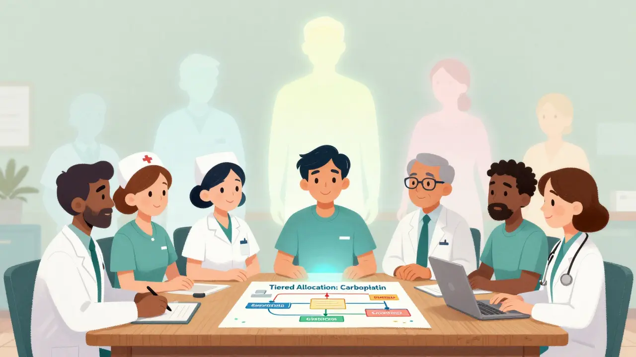 A hospital ethics team reviews a tiered allocation chart with glowing patient silhouettes.