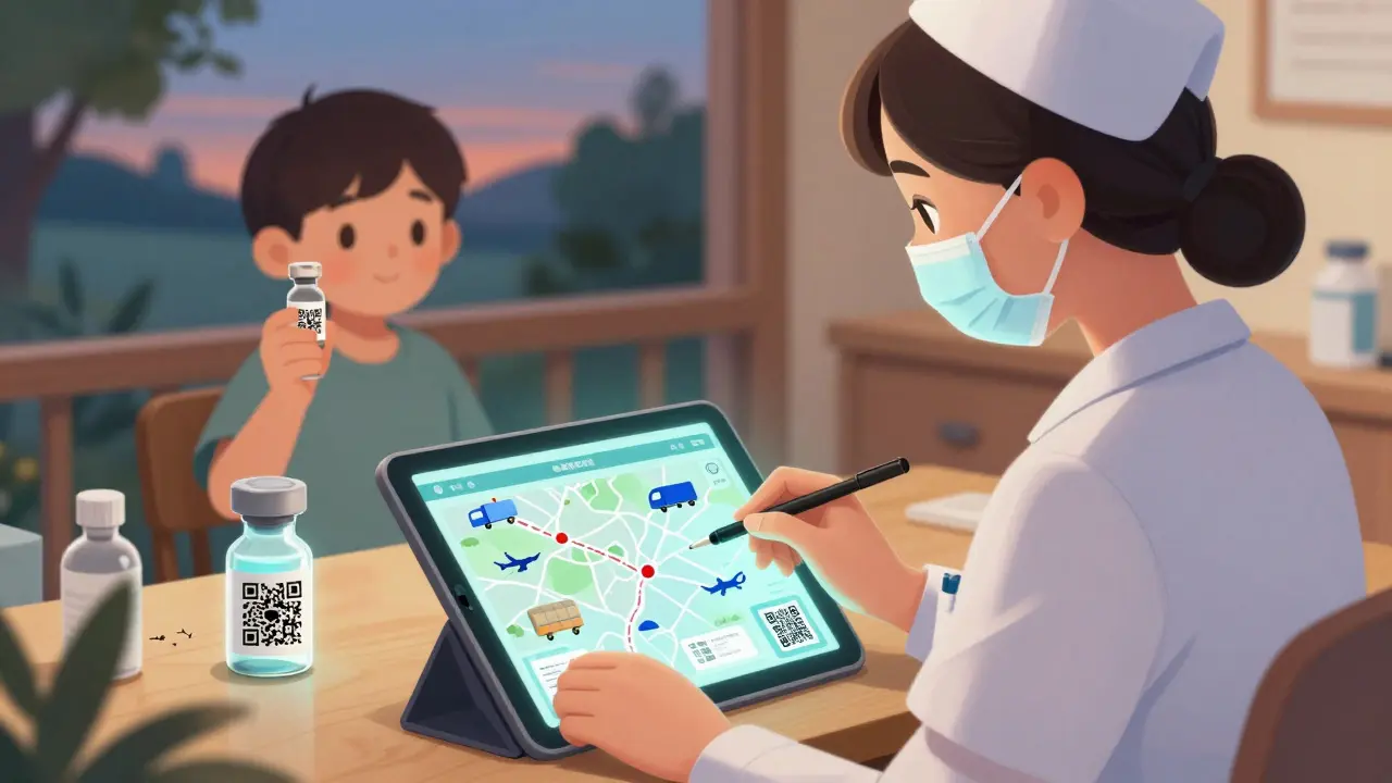 A nurse scans an insulin vial in a rural clinic, showing its journey on a tablet screen while a fake vial fades nearby, all in warm storybook lighting.