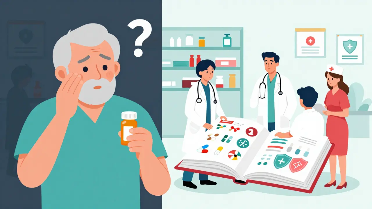 A person confused about their pills on one side, and a medical team clarifying drug interactions on the other.