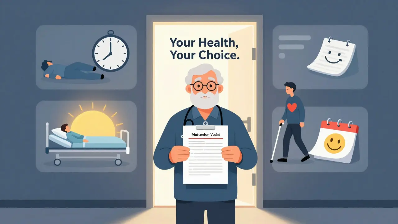 A senior holding a medication summary as glowing symbols of safety and health appear behind them.